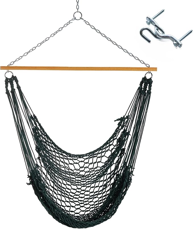 Original Pawleys Island Single Hammock Chair – Green DuraCord Rope 350 lb Capacity Oak Spreader Bar Zinc Plated Hardware Handcrafted in the USA