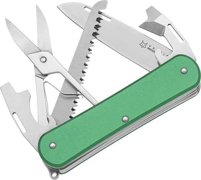 Fox Knives Vulpis FX-VP130-SF5 Slipjoint EDC Pocket Knife 5-in-1 Multitool - 2.17in Blade Hacksaw Bottle Opener Can Opener Scissors Flat Head Screwdriver - Every Day Carry (OD Green)