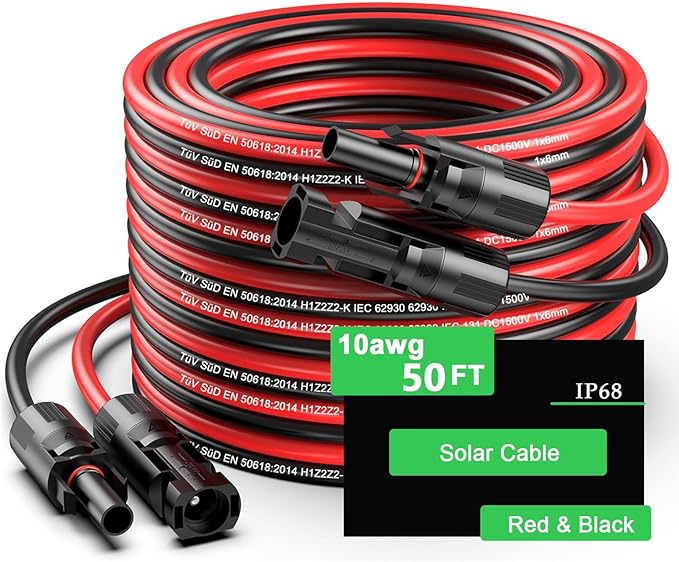 50Ft Solar Panels Extension Cables 6mm² PV Cable with Male and Female Connectors IP68 Waterproof 10AWG Solar Wire