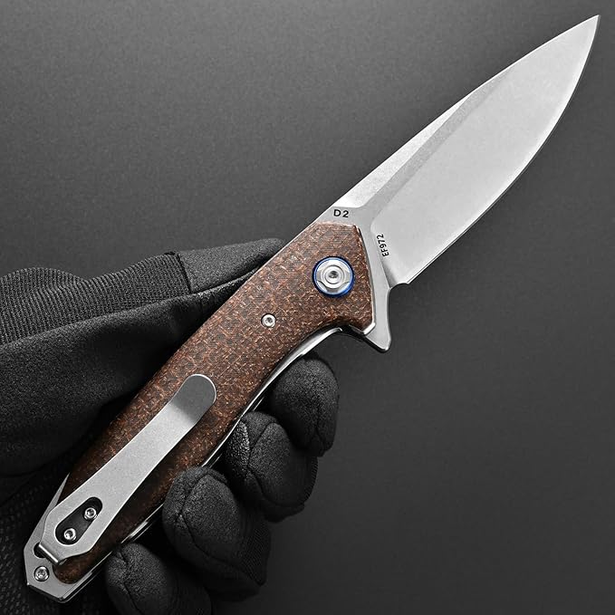 Eafengrow EF972 Folding Knife D2 Steel Blade Micarta Handle Pocket Knife Folder for Outdoor Camping Hiking Working EDC Tool Knife(Brown)
