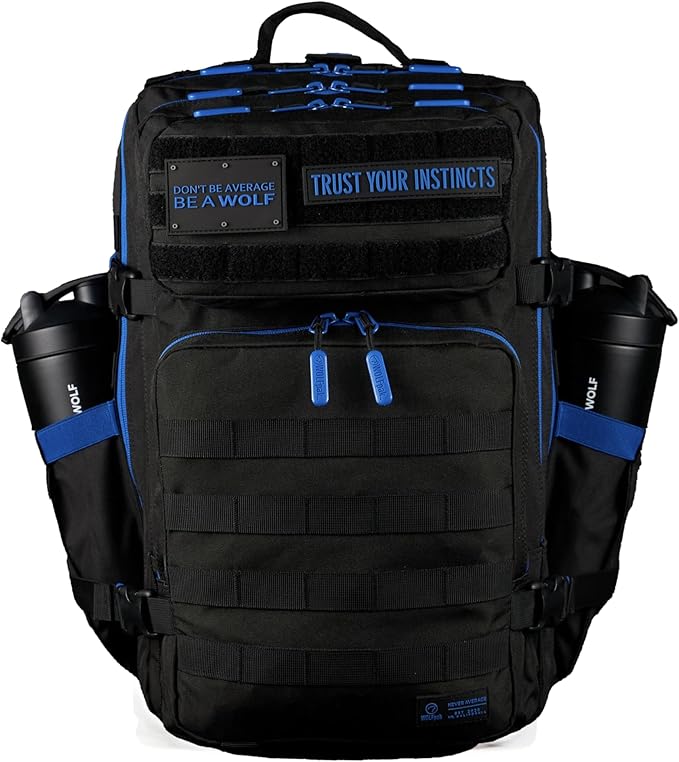 WOLFpak 45L Athletic Gym Backpack (Blue Wolf) Durable 1000D Waterproof Oxford Material w/MOLLE Webbing Laptop Pocket &amp Dual Cup Holders Durable Everyday Gym Backpack