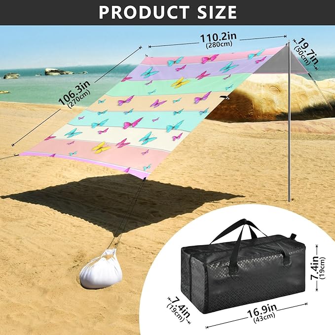 Beach Canopy with Windproof Ropes &amp Sandbags Beach Tent Sun Shade Sun Shelter for Camping Trips Fishing Backyard Fun or Picnics Butterfly
