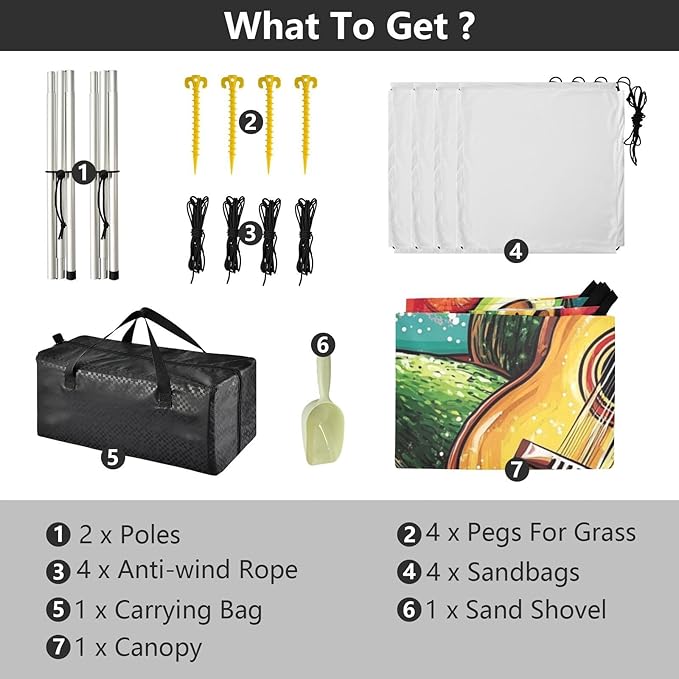 Mexican Style Cinco De Mayo Guitar Avocados Foldable Beach Cabana UPF50+ Easy Setup Large Portable Sun Shelter with Sandbags and Shovel for Camping Picnics Backyard