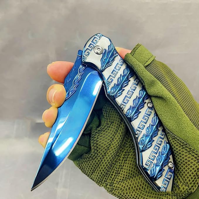Folding knife 3D relief keel pattern 8Cr14MoV handle material for Camping Finshing Hunting Survival for Men Women (A2)