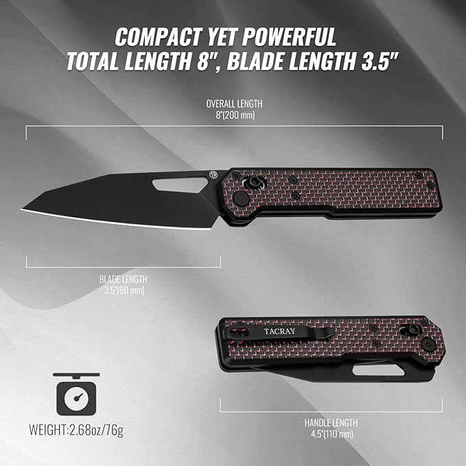 TACRAY Tarcus Folding Pocket Knife 3.5 D2 Steel DLC Blade Carbon Fiber Overlay Handle Lightweight EDC Knife with Crossbar Lock for Men and Women Ideal for Camping Hiking and Survival
