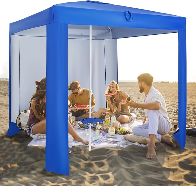 KOTEK 6.6'x6.6' Beach Cabana Portable Beach Shade Canopy with Sand Anchor Cup Holders &amp Sandbags Included Detachable Side Wall &amp Carrying Bag UPF 50+ Protection Easy Setup Beach Tent for