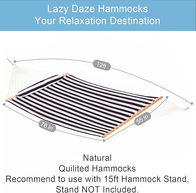 Lazy Daze Hammocks 12FT Quilted Fabric Double Hammock with Spreader Bars and Detachable Pillow 2-Person for Outside Patio Poolside Backyard Beach 450 lbs Capacity Black White