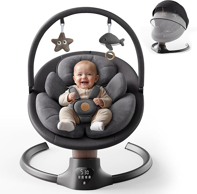 Baby Swings for Infants FasonBaby Electric Baby Swing with 10 Preset Melodies 5 Speeds Remote Control and Bluetooth - Portable Infant Swing for Indoor and Outdoor(Black)