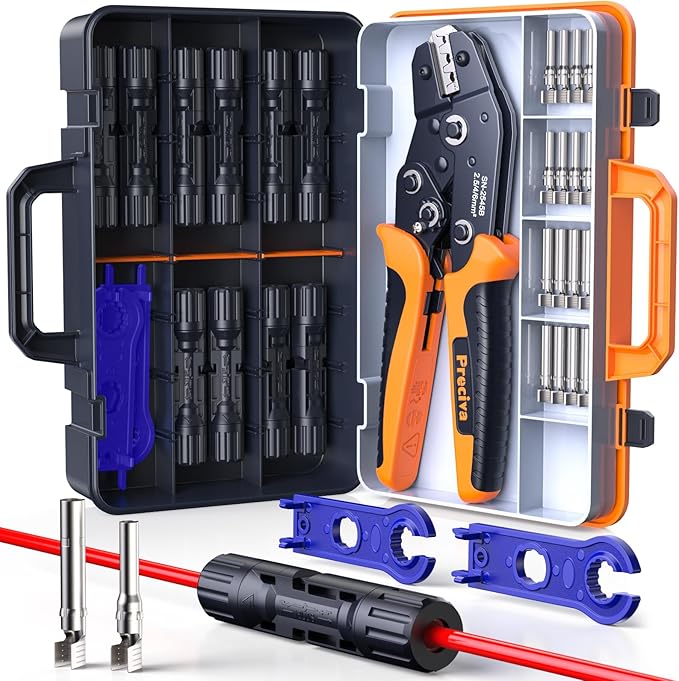 Preciva Solar Crimper Tool Kit 10 Pairs MC4 Connectors &amp 2 Wrench 1 Ratcheting Crimper for 16-6 AWG (2.5-6mm²) Cable Waterproof PV Connector Assembly Kit with Carry Case for Solar Installation