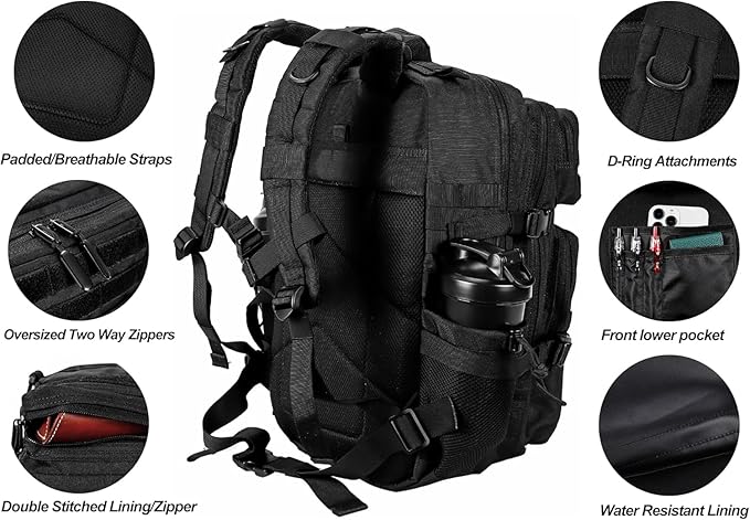 50L Military Tactical Backpack Training Gym Fitness Bag Outdoor Hiking Camping Army Molle Backpacks for Women Travel (Black)