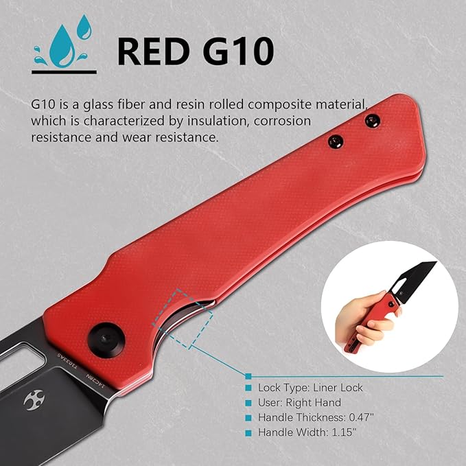 KANSEPT Egress Pocket Knives 8.24in Folding Knife with Black Stonewashed 14C28N Blade Red G10 Handle Pocket Tactical Knife for Men Women Envelope Opener with Thumb hole T1033A5