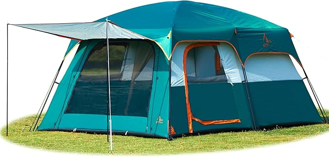 KTT Large Tent 6-8-10-12 PersonFamily Cabin Tents2 Rooms2 Doors and 4 Windows with MeshStraight WallWaterproofDouble LayerBig Tents for OutdoorPicnicCampingFamily Gathering