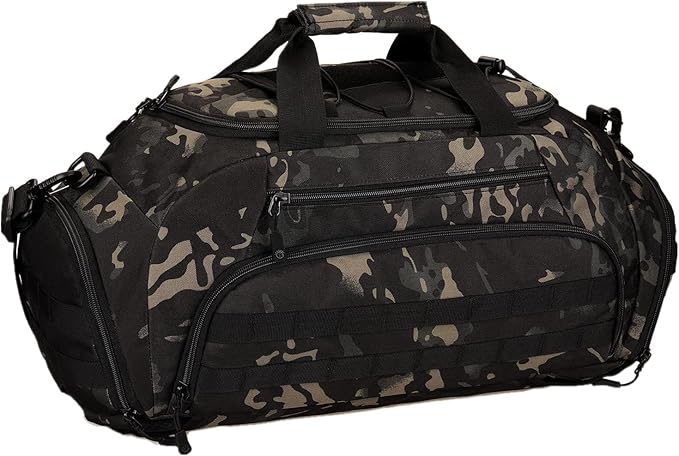 UNISTRENGH 3-Ways Tactical Military Nylon Men Holdall Weekend Travel Duffel Bag Backpack Messenger Shoulder Bags Rucksack Handbag (Black camo-45L)