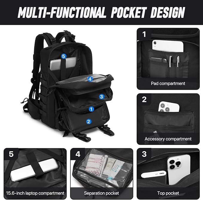 Tactical Backpack for Men Water Resistant 46L Military Backpack Large Army 3 Day Assault Pack for Hiking Camping Gym with Molle System Black