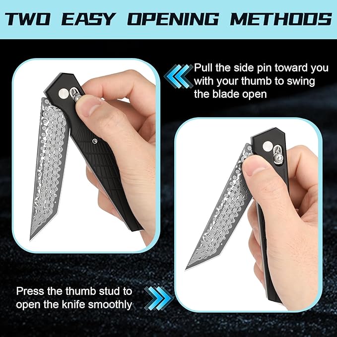 AUBEY Damascus Axis Lock Pocket Knife 3.46 Tanto Blade Crossbar Lock Folding Knives with Clip for Men Women Aluminum Handle with Glass Breaker for EDC Camping Gift