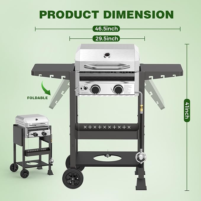 ‌2-Burner Gas Grill Stainless Steel 16000 BTU BBQ Grill with Foldable Side Shelves &amp Storage Shelf – Ideal Propane Grill for Outdoor Barbecues Patio Gatherings and Camping