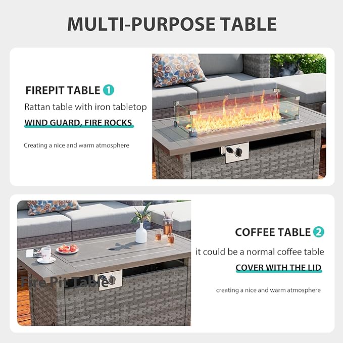 44 Fire Pit Table with Wind Guard for Outdoor Auto-Ignition Propane Gas Firepits Rattan Rectangular Table for Outside Patio 60000 BTU Gray