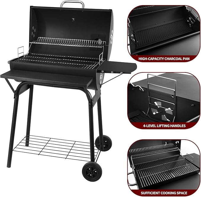 Charcoal Grill Outdoor BBQ Grill 30INCH Barrel Charcoal Grills with Side Table 627 Square Inches Outdoor Backyard Camping Picnics Patio and Parties Black by DNKMOR