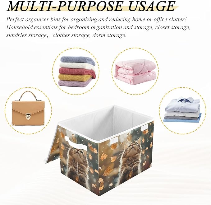 AIXIWAWA Lidded Storage Cube (Autumn Cat) Fabric Foldable Closet Bins with Flip Lid and Handles Organizer Basket Container 16.5 x 12.6 x 11.8 IN