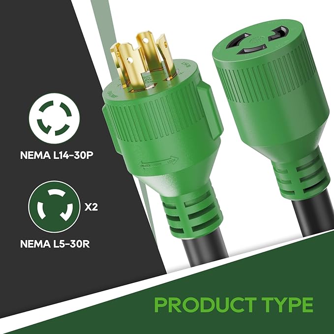 RVGUARD Generator Splitter NEMA L14-30P to 2X L5-30R 4 Prong 30 Amp to 30 Amp Generator Y Adapter