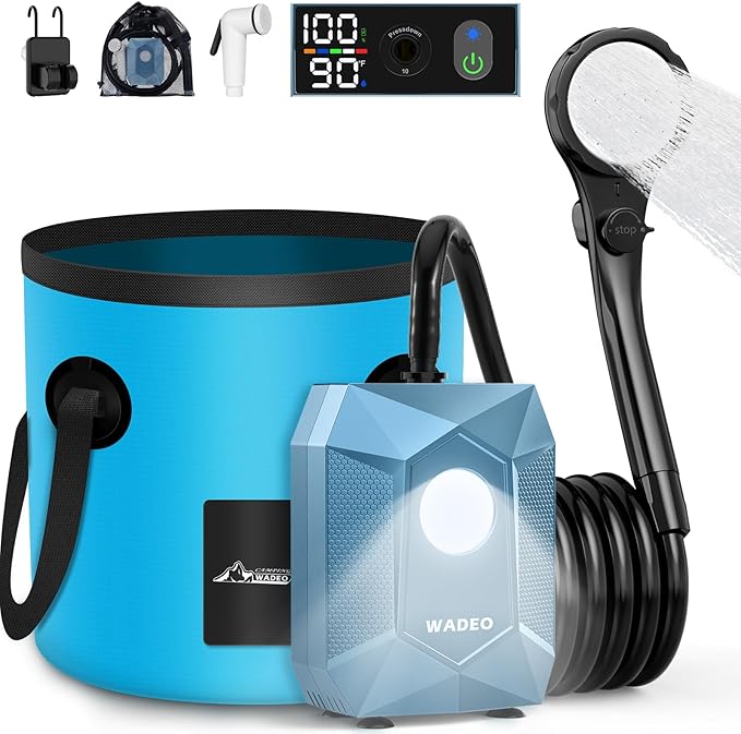 WADEO Portable Shower for Camping Outdoor Electric Shower Rechargeable Pump with 20L Collapsible Bucket Camping Shower Light for Camping Hiking Traveling Washing