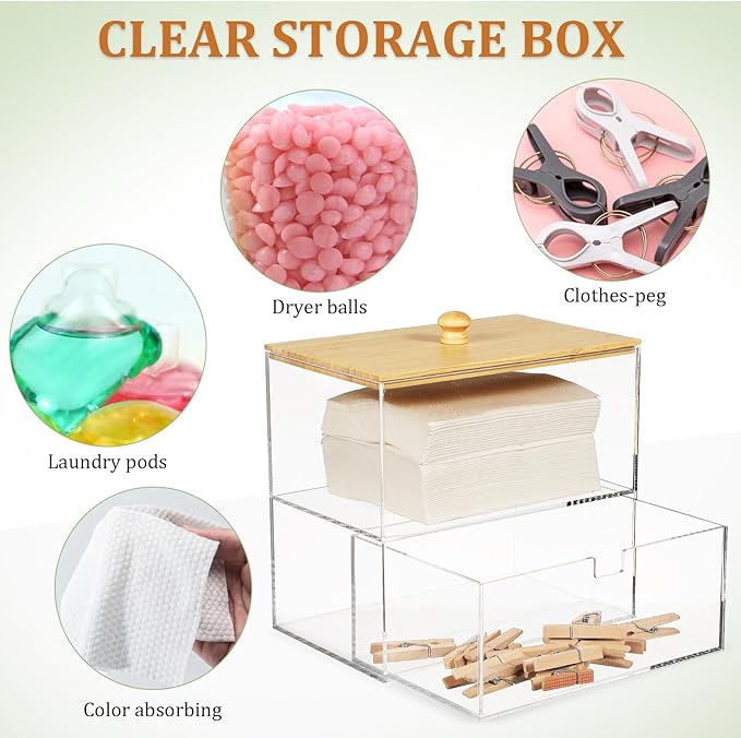 SOLUSTRE Laundry Pod Container Drawer with Lid Acrylic and Cover 1-Drawer Storage Box 175X115X165Mm for Laundry Room Organization and Dryer Sheet Storage