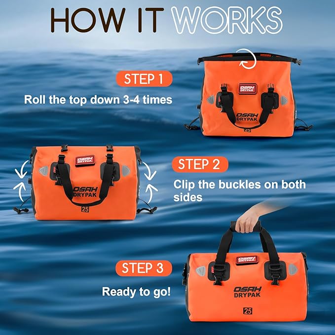 OSAH DRYPAK Waterproof Duffel Bag - Motorcycle Dry Bag Tail Bag with Large Storage Space Waterproof Luggage Duffle Bags with Outer Mesh Zipper Pocket for Camping Kayaking Fishing &amp Traveling