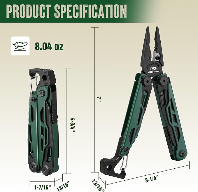 MOSSY OAK CNC-Machined Multitool Pliers 27-in-1 Multi Tool with Pocket Knife Fire Starter &amp Whistle Bottle Opener Screwdriver – Self-Locking Survival Tool for Camping &amp Hiking