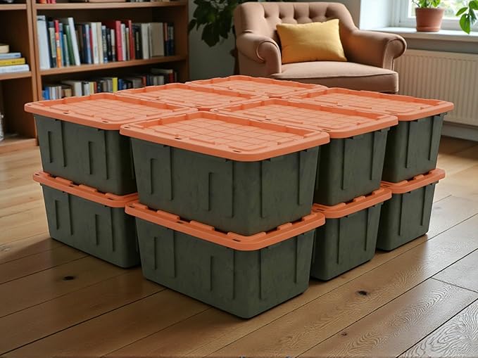Heavy-Duty Storage Tote 27 Gallon Black and Orange 30.6 W x 20.6 D x 14.3 H (12 PACK)