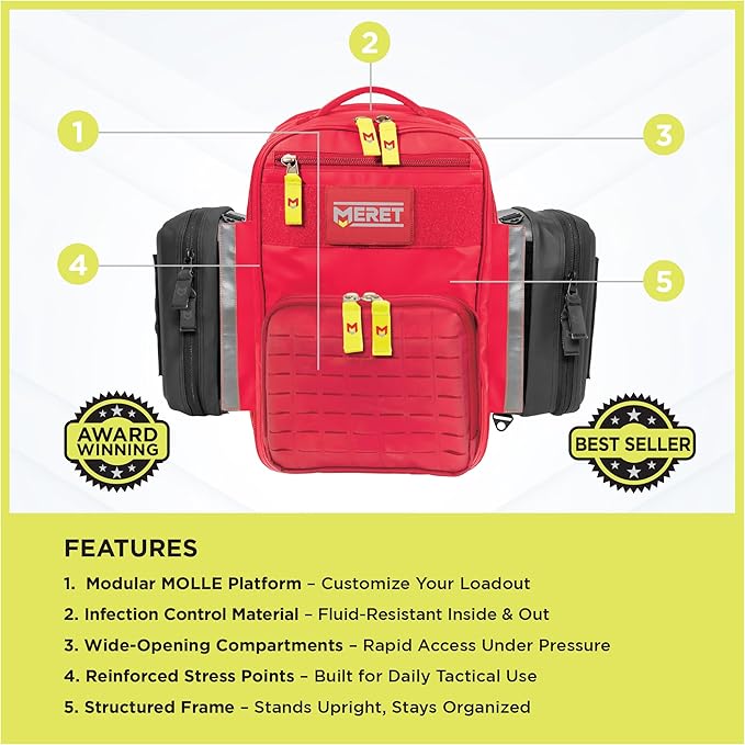MERET V.E.R.S.A.™ PRO X EMS Backpack (Red) – Modular ALS BLS Trauma Bag with Durable Material Laser Cut MOLLE Padded Harness System