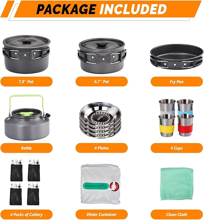 ROVSUN 34/10/6 pcs Camping Cookware Mess Kit Lightweight Non-Stick Camping Cooking Pot and Pan Set with Stainless Steel Camping Gear Kettle Cup for Open Fire Backpacking Outdoor Cooking