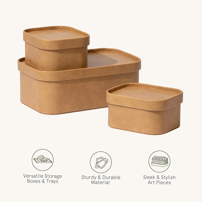 La Jolie Maison Vegan Leather Storage Boxes with Lids Set of 3 Decorative Storage Containers Organize Stackable Storage Box Camel