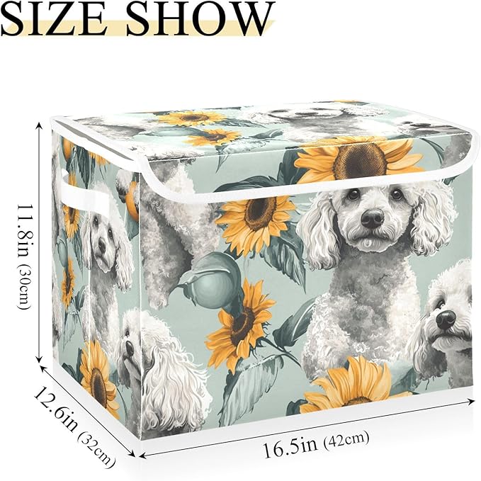 Collapsible Storage Bins with Lids Decorative Fabric Storage Cubes Closet Organizer and Storage Basket Boxes Containers for Clothes Box Chest Nursery Folding Rectangle White Poodle Sunflower