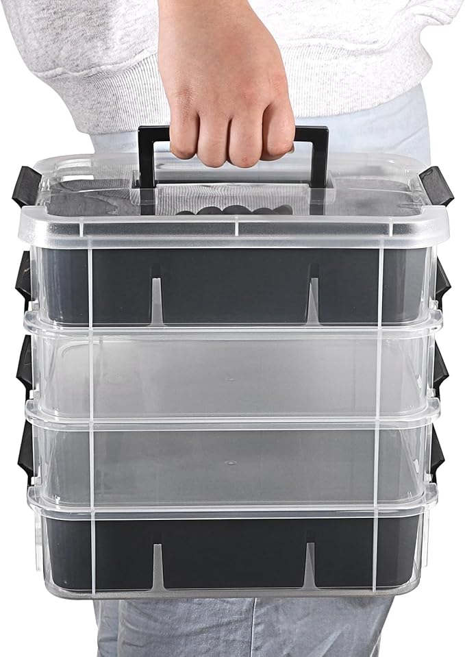 JUXYES 4-Tiers Stack Carry Storage Box With 2 Divided Tray Transparent Stackable Storage Bin With Handle Lid Latching Storage Container for School &amp Office Supplies Black