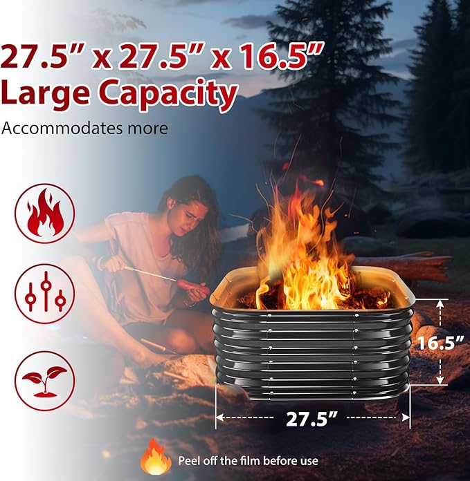 Height 16.5 Inch Square Galvanized Steel Fire Pit for Outside Heavy Duty Steel Fire Pit In-Ground for Backyard Camping Bonfire Flower Raised Garden Bed for Garden (2.3x2.3x1.5ft)