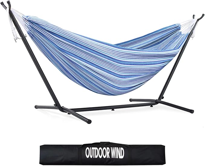 550lbs Capacity Double Hammock Adjustable Hammock Bed with 10ft Heavy Duty Steel Stand Includes Portable Carrying Case Easy Set up European Style Blue Stripes