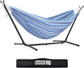 550lbs Capacity Double Hammock Adjustable Hammock Bed with 10ft Heavy Duty Steel Stand Includes Portable Carrying Case Easy Set up European Style Blue Stripes