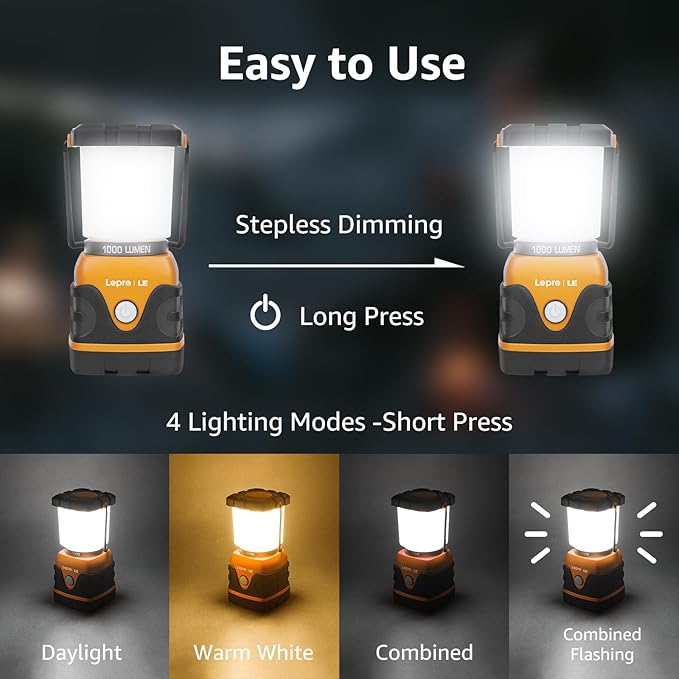 Lepro 1000LM Battery Powered LED Camping Lantern Orange Tent Light with 4 Light Modes Camping Essentials Waterproof Lantern Flashlight for Camping Emergency Light Power Outage Not Rechargeable
