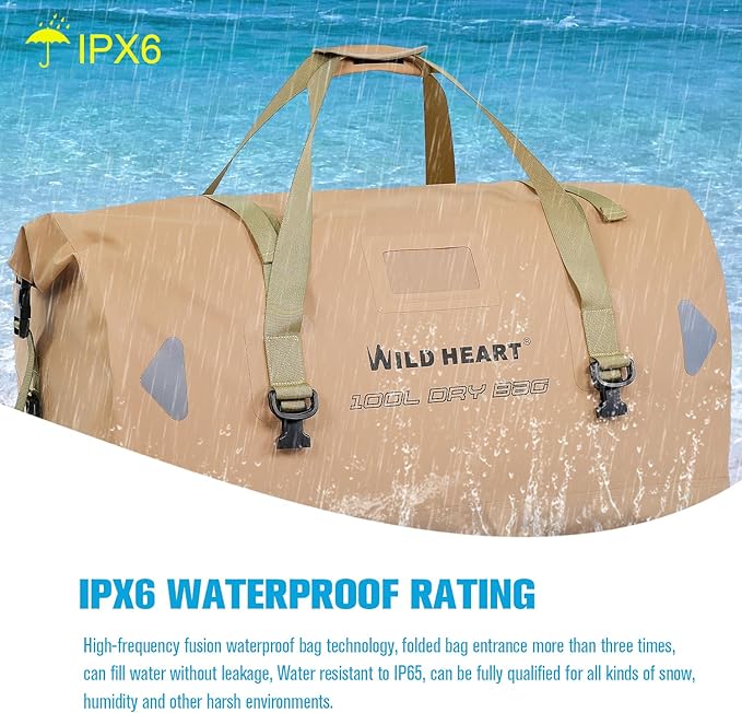 WILD HEART Waterproof Motorcycle Duffel Bag PVC500D Double-bottom With Rope Straps and Inner Pocket 40L 66L 100L for Kayaking Camping BoatingMotorcycle
