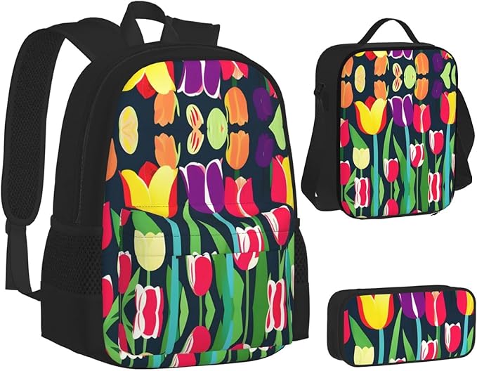 Colorful Tulips Backpack With Lunch Box 3 In 1 Set With Pencil Case Large Capacity Backpack With Chest Strap