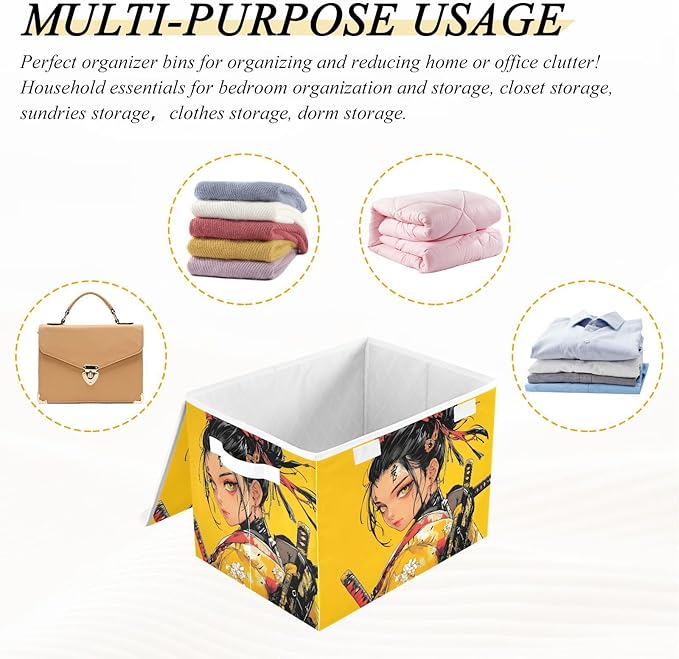 Storage Cube with Lid Fashion Samurai Print 16.5×12.6×11.8 IN Collapsible Large Capacity Foldable Storage Basket Bin Organizer