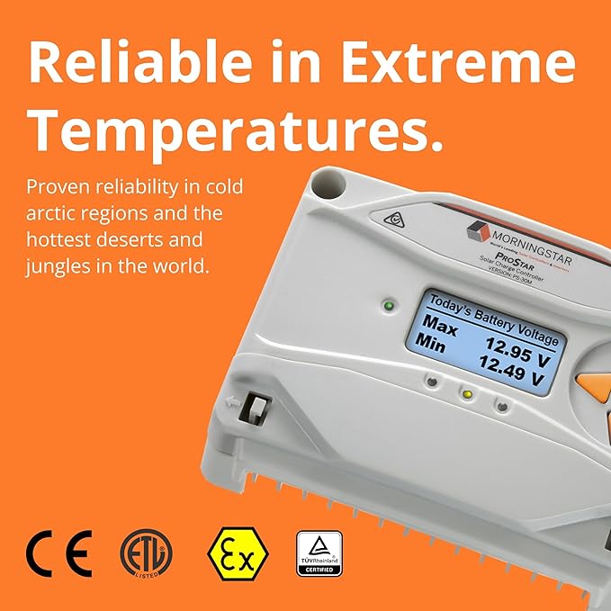 Morningstar Prostar 30A PWM Solar Charge Controller w/ Meter (PS-30M) - Solar Panel Regulator Supports 12V/24V LA/Lithium Batteries LVD/Lighting Ctrl HazLoc Rated Low Noise - Designed in The USA