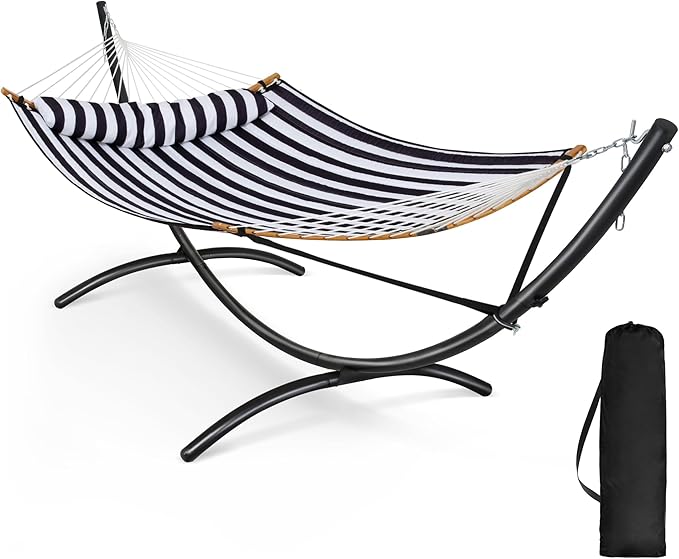 SUNCREAT Hammocks for Outside with Stand Porch Hammock and Stand 475 lbs Capacity Patent Pending Black &amp White
