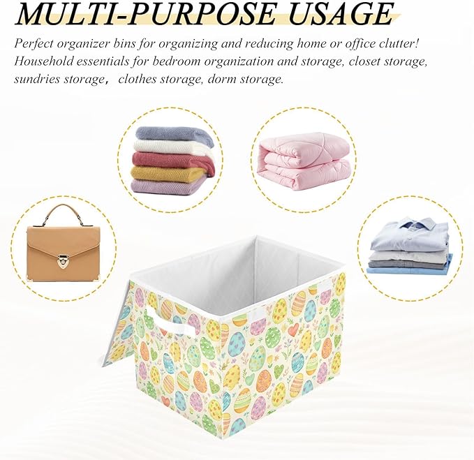 Yellow Decorative Easter Eggs Flowers Storage Box with Lid 1 PC Foldable Storage Bin with Lids Stackable Storage Bins Cube Closet Organizer Basket with Flip-Top Lid &amp Handles for Shoes Books