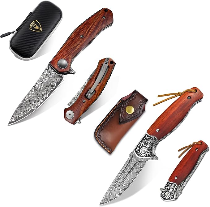 AUBEY Damascus Pocket Knife with Wooden Handle for EDC Camping Collection
