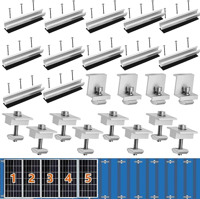 Solar Panel Bracket Kit 12 Pcs Aluminium Mounting Rail 200mm Solar Panel Mount 30mm/35mm Z-Bracket Set Center Clamps Solar Mounting Rail Connector for Metal Roof Tin Roof Flat Roof Sheet Roof
