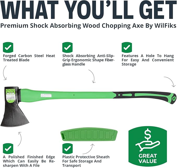 WilFiks Chopping Axe 36” Camping Outdoor Hatchet for Wood Splitting and Kindling Forged Carbon Steel Heat Treated Hand Maul Tool Fiberglass Shock Reduction Handle with Anti-Slip Grip