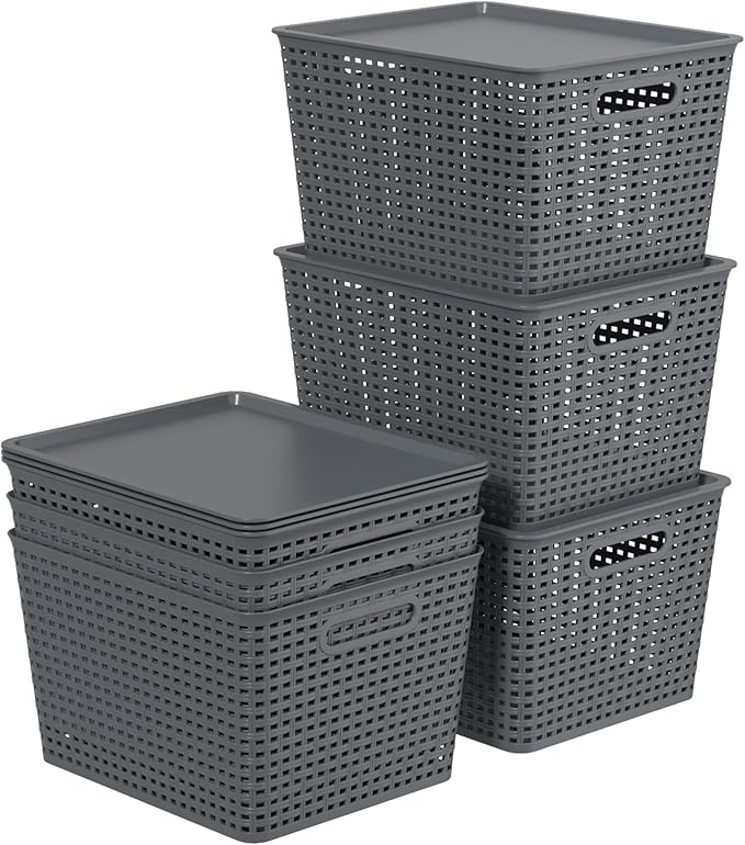 6 Packs Large Plastic Storage Basket Bin with Lid Tall Stackable Lidded Organizer Baskets for Desktops Closets Shelves Gray