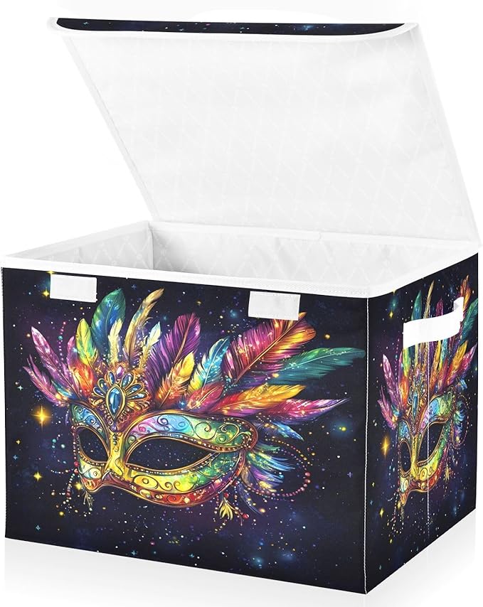 Doodle Mardi Gras Mask Pattern Foldable Storage Baskets Fabric Boxes with Handle Organizers with Flip-Top Lids Storage Bins for Home Bedroom Office