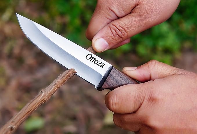 Ottoza Full Tang Bushcraft Knife with 1095 Carbon Steel Fixed Blade - Survival and Outdoor Camping Knife - Black Cross Draw Sheath and Walnut Wood Handle 397